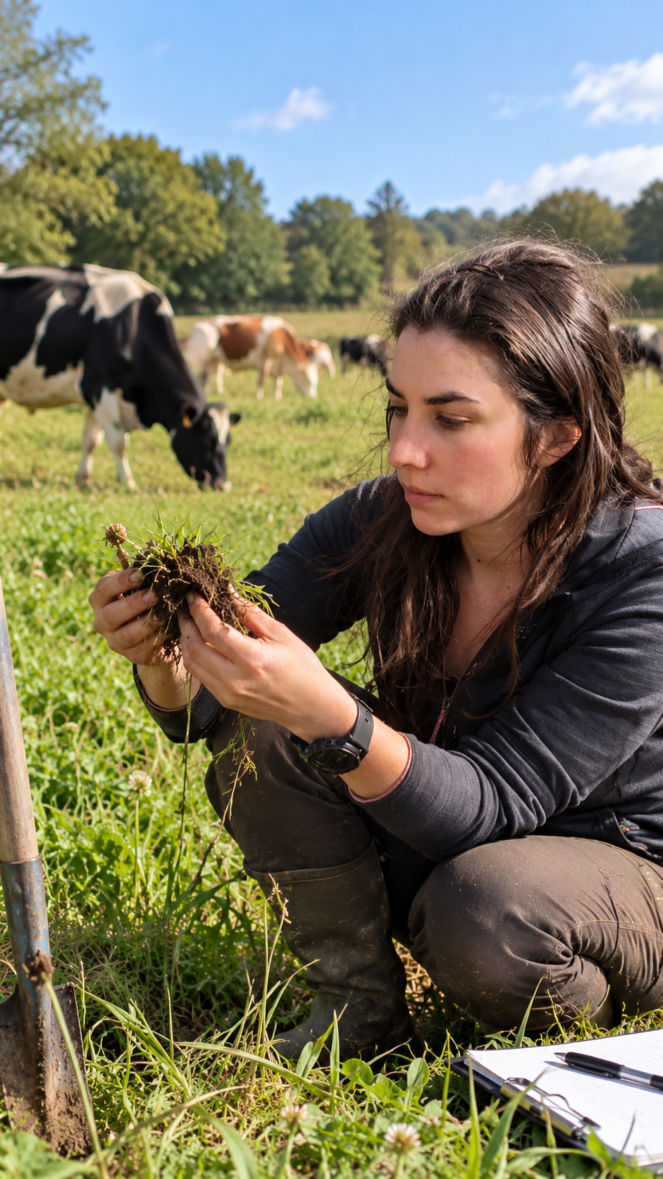 Morgane observe une motte de sol dans une prairie pâturée par des vaches