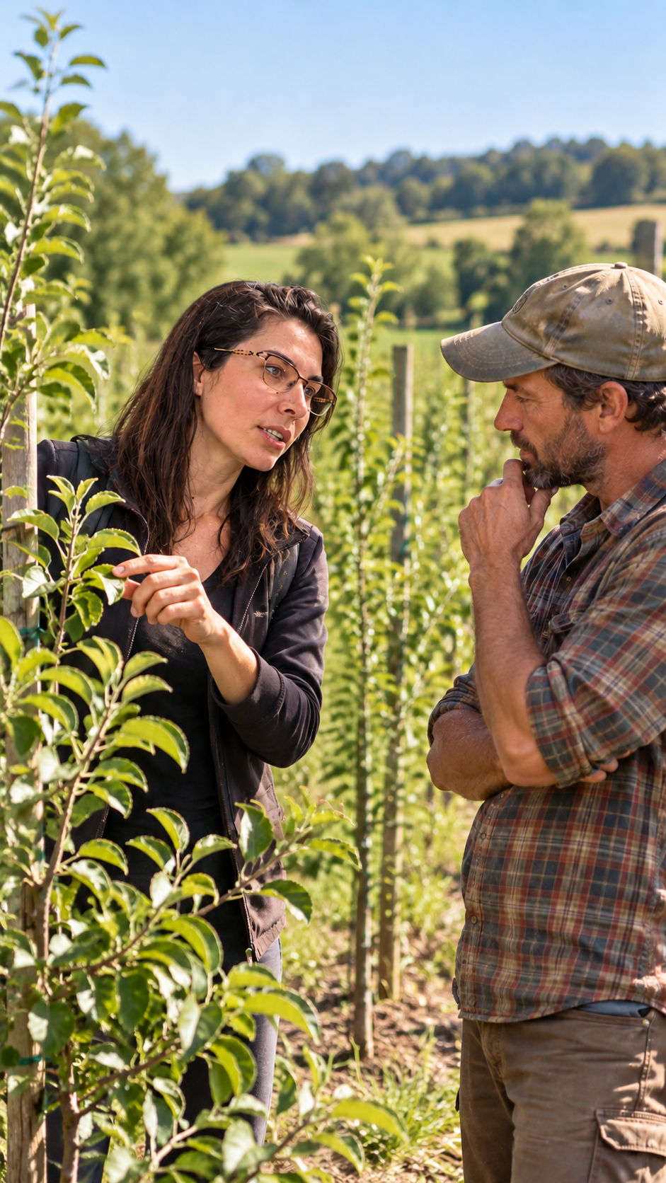 Morgane échange avec un arboriculteur près des arbres du verger