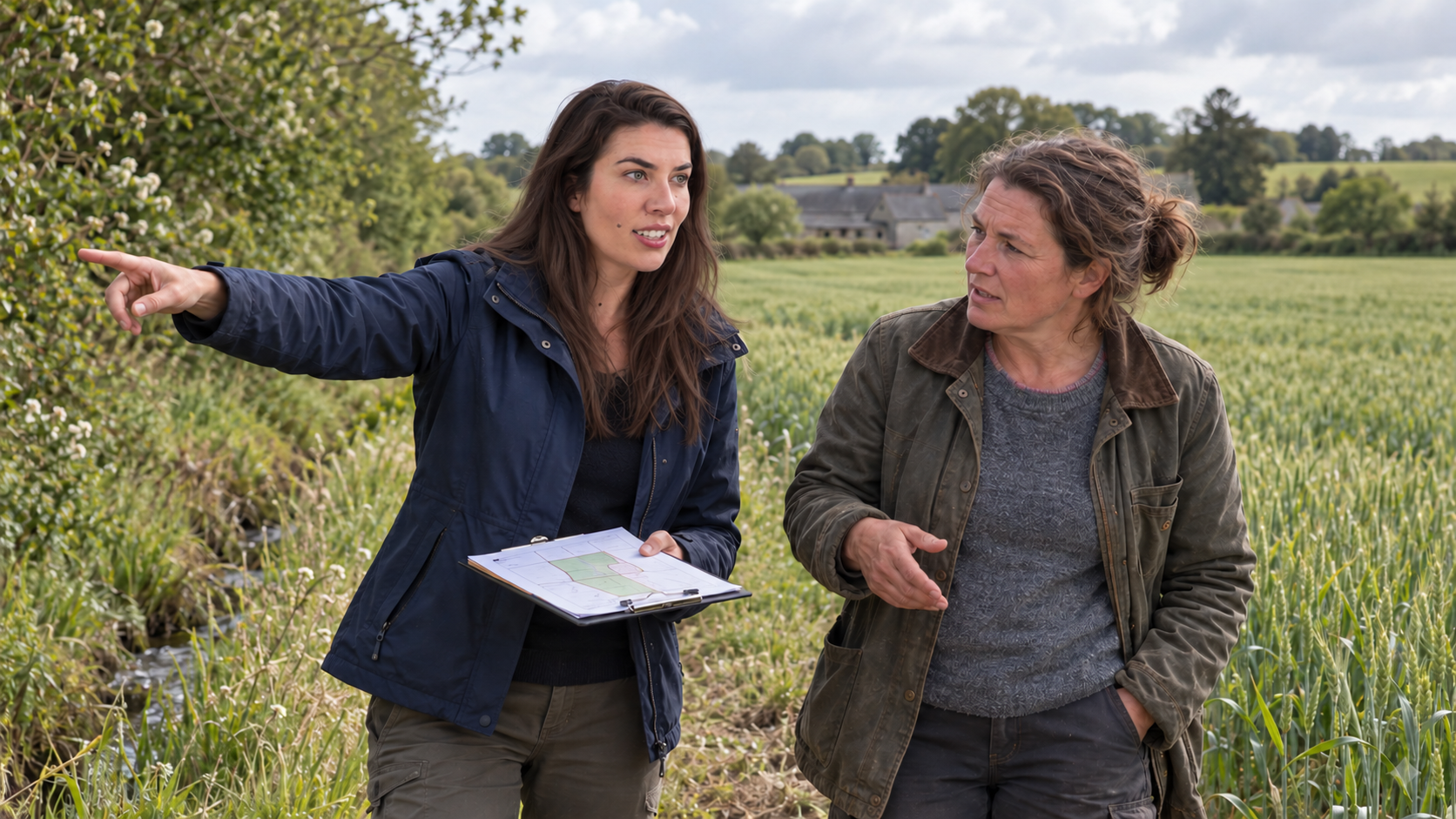 Morgane échange avec une agricultrice au bord d’une parcelle